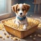 An adorable white and brown spotted dog lounging in a basket of popcorn