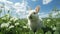 Adorable White Bunny in a Field of Dandelions, AI Generated