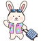 Adorable white bunny with a traveling suitcase outlined