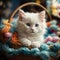 Adorable white kitten lying in a woven basket, surrounded by colorful yarn balls, AI-generated.