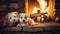 Adorable white terrier puppies relaxed and resting at night near a warm fireplace - generative AI