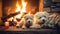 Adorable white terrier puppies relaxed and resting at night near a warm fireplace - generative AI