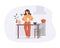 Adorable woman cooking on table in kitchen. Girl prepares cakes for baking. Culinary hobby vector concept. Front view