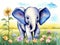 An adorable young elephant in a blooming field is shown in a watercolor.