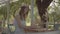 Adorable young rural girl in a straw hat and white dress sitting at the small wooden table outdoors reading the book