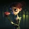 Adorably Creepy Girl With Rose: Tim Burton-inspired Maya Render