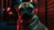 Adorably grumpy bouncer pug dog with large chain necklace keeping watch at nightclub - Generative Ai