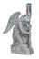 Adoring kneeling praying  angle statue with lamp isolated looking right