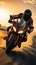 Adrenaline filled sport Motorcycle rider zooms on race track at sunset