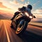 Adrenaline rush motorcycle rider in a high speed race on the highway