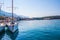 Adriatic sea shore with small leisure boats inside the harbor of Makarska City