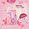 Ads fashion cosmetic collection. Skincare with rose flower petals. pastel color style organic cosmetics background. White and pink