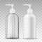 Ads template mockup two realistic plastic bottles with dispenser airless pump transparent and white for liquid gel, soap