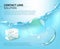 Ads template with realistic contact lens, water splash and medicine package. Blue advertising background.