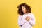 Adult afro american woman on yellow copy space background