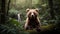 an adult brown bear in the forest sitting on a log