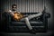 Adult caucasian guitarist portrait with electric guitar sitting on vintage sofa. Music singer concept on couch and