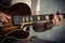 Adult caucasian guitarist portrait playing electric guitar on grunge background. Close up instrument detail. Music