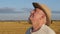 Adult Caucasian Man In Rural Field Raises His Head Up And Looks Hopefully At Sky