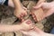 Adult and chilcren holding hands stone circle