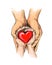 Adult and child hands holding red heart, health care, donate, world heart day