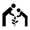 Adult and child planting small tree together. Vector icon.