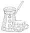 Adult coloring book,page a cute kettle with cup of coffee for relaxing.