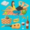 Adult couple on picnic plaid barbecue outdoor icons romantic summer picnic food vector illustration.