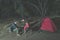 Adult couple relaxing in camping site by night. Adventure in National Park, South Africa. Burning camp fire and tent in the backgr