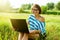 Adult eautiful woman using laptop outdoors.