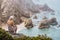 Adult female enjoying beautiful Praia da Ursa Beach in morning light. Surreal scenery of Sintra, Portugal. Atlantic