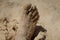 Adult foot full of brown beach sand