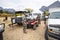 Adult male hunters gather around base camp for deer hunting near Dubois Wyoming