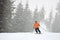 Adult male skiing during heavy snowfall. Monochrome view. Recreational outdoors sports vacation, leisure on solitude