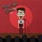 Adult male stand up comedian cartoon character on red brick stage with spotlight