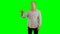 Adult man with big smile gestures greenscreen background. Alpha channel. Advertising template.