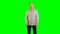 Adult man with big smile gestures greenscreen background. Alpha channel. Advertising template.