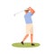 Adult man in cap, shorts and sunglasses playing golf. Professional golfer sportsman. Outdoor activity, hobby. Flat