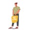 Adult Man Carrying Products in Textile Eco Bag. Package with Save the Planet Motto or Label, Natural Green Packing