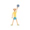 Adult man lifting kettlebell above head. Male doing strength exercise with weight equipment. Elderly sportsmen with