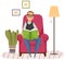 Adult man sitting on armchair and reading book. Male character is studying paper textbook