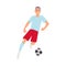 Adult man soccer player run with ball ready to shoot, cartoon vector avatar. Man kick the ball, front view.