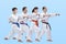 Adult men and women in karategi beat punch arm