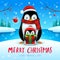Adult penguin and baby penguin in Christmas snow scene