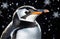 adult penguin, close-up, black background, snow and snowflakes