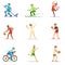 Adult People Practicing Different Olympic Sports Series Of Cartoon Characters In Sportive Uniform Participating In