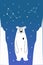 An adult polar bear between ice floes at the North pole and a blue sky with constellations. Vector illustration in the