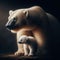 Adult polar bear portrait with small cub against dark background