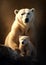 Adult polar bear portrait with small cub against dark background