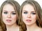 Adult sensual woman before and after skin retouch or treatment.